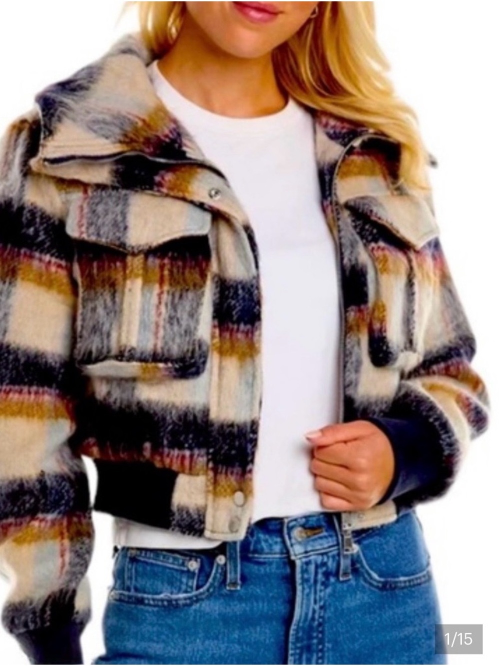 7 For All Mankind Plaid Cropped Bomber Jacket - Cream, Gray, Brown
